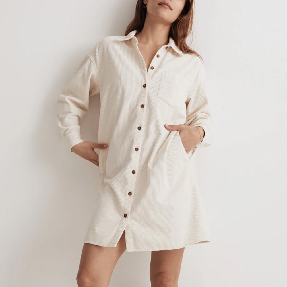 NWT Madewell Corduroy Mini Shirtdress in Lighthouse Size L